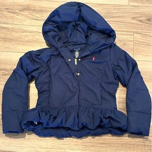 Ralph Lauren Girls XL 16 Navy Blue Down Hooded Jacket with Peplum Detail